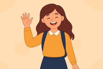 Happy student girl with backpack waving hand. Back to school concept. Cheerful pupil smiling and greeting. Cute cartoon character illustration for education, learning, and welcome.