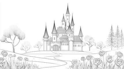 Naklejka premium Adult Coloring Page: Detailed Line Art of Castle with Rose Garden | Thick Outline, Sticker Art Style, White Background
