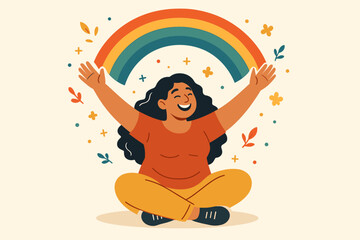 Happy plus-size woman embracing a rainbow. Concept of self-love, body positivity, and mental health. Joyful smiling girl practicing mindfulness. Vector for well-being and hope.