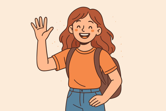 Happy young woman student with a backpack waving hand. Friendly girl says hello. Cheerful teenager greeting. Back to school or college concept. Cartoon vector character illustration.