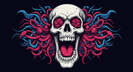 White skull with pink tongue and teeth, surrounded by pink and blue tentacle-like tendrils on black background