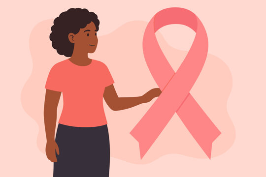 African American woman with pink ribbon for Breast Cancer Awareness Month. Concept of health, hope, solidarity and support for survivors. Medical charity campaign vector illustration.