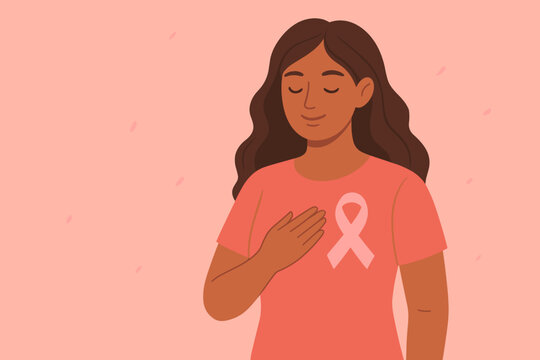 Breast Cancer Awareness Month in October. Illustration of a woman with a pink ribbon showing support and hope. Concept for medical health campaign, charity, and prevention.