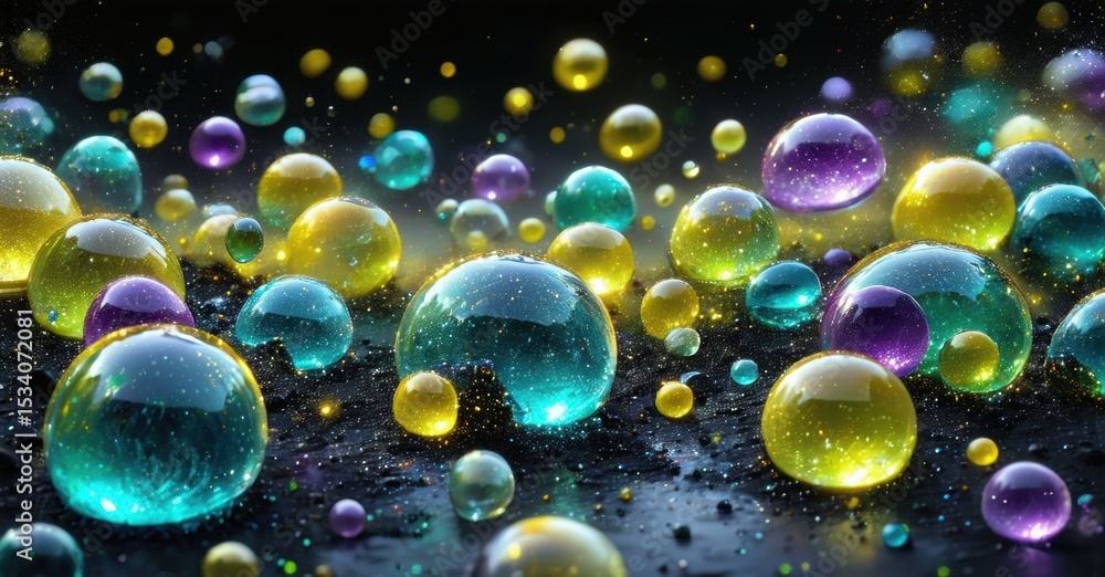 Aufkleber colorful bubbles float, reflect light. dark background emphasizes vibrant spheres, creating magical 