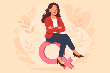 Empowered business woman sitting on a female gender symbol. Confident professional female leader concept. Feminism, gender equality, women's rights vector illustration.