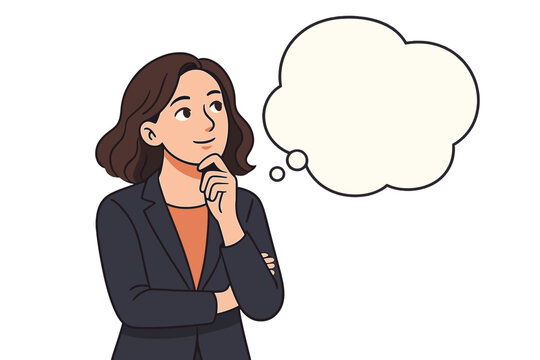 Pensive businesswoman thinking with a blank thought bubble. Creative female professional looking for inspiration or planning a new business idea. Vector illustration with copy space.