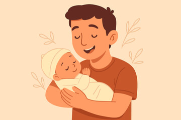 Loving father holding his newborn baby. Happy dad embracing sleeping infant son with care and tenderness. Happy Father's Day concept for family, fatherhood, and parenthood bond.