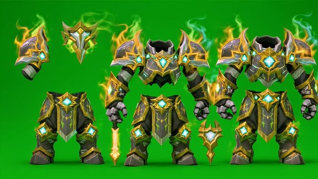 Isolated Armor Set in Gold Silver and Black on Green Screen Background for VFX and Game Assets Viewed at Eye Level Angle Still Life