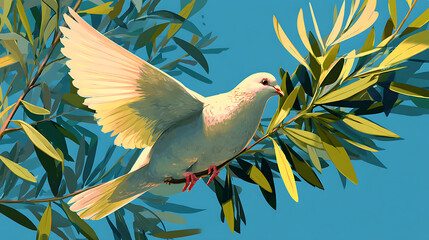 A serene white dove perched on a leafy branch against a bright blue sky, symbolizing peace