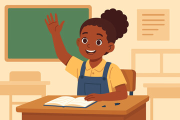 Smiling African American Girl Student Raising Hand in Classroom, Participating in Lesson, Sitting at Desk with Open Book, School Education, Confident Child Learning Concept Illustration