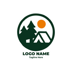 Fototapeta premium Camp logo, hiking adventure emblem, forest trekking badge, outdoor camping design, mountain icon for nature exploration branding