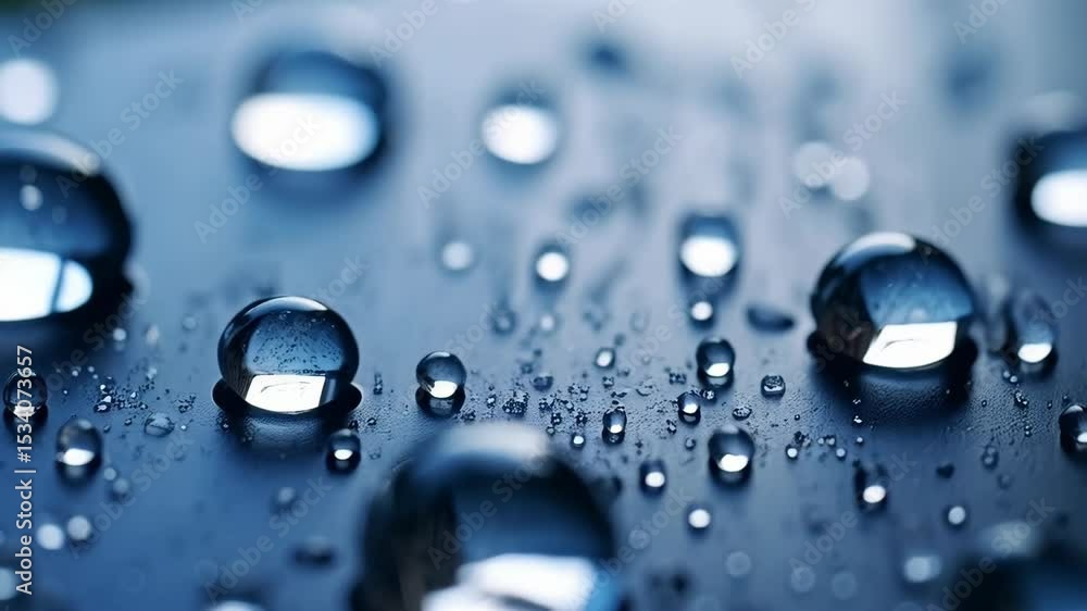 Poster close-up of many water droplets on a smooth blue surface showing a pattern of small water beads with