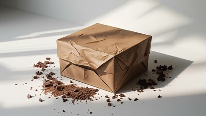 Brown kraft gift box with chocolate pieces and crumbs.