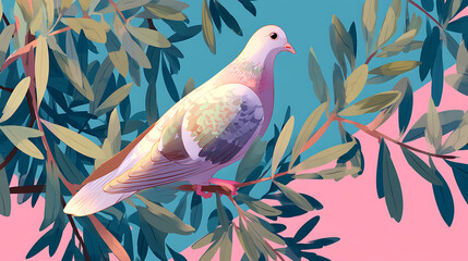 A serene illustration of a pigeon perched on lush green leaves against a pastel background