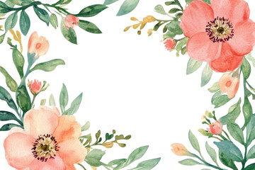 Obraz premium Beautiful watercolor floral frame with pink and coral flowers and lush green leaves on a white background, perfect for invitations, cards, and art projects