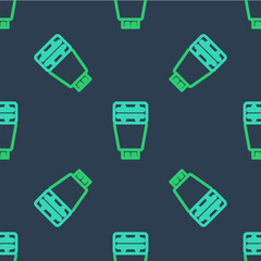 Line Photo camera flash icon isolated seamless pattern on blue background. Vector