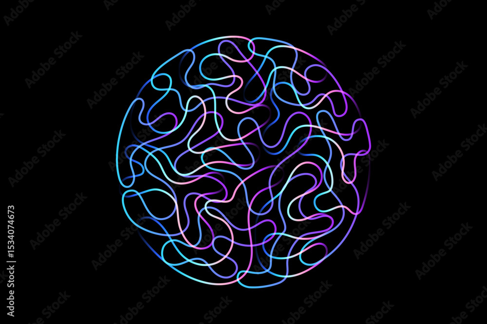 Poster Abstract doodle line in circle shape by colorful spectrum light line like brain. Vector illustration in concept of creative, brain, A.I. technology.