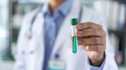 Doctor holding medical test tube with sample in laboratory, healthcare professional analyzing specimen for research or diagnosis, early disease detection and prevention concept.