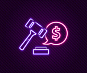 Glowing neon line Auction hammer price icon isolated on black background. Gavel - hammer of judge or auctioneer. Bidding process, deal done. Auction bidding. Colorful outline concept. Vector
