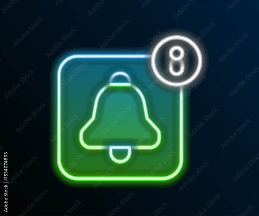 Poster glowing neon line alarm clock app smartphone interface icon isolated on black background. colorful o