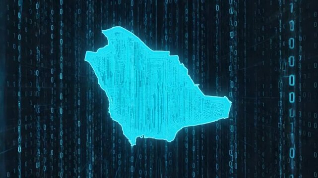 Digital representation of Saudi Arabia illuminated in blue with binary code background