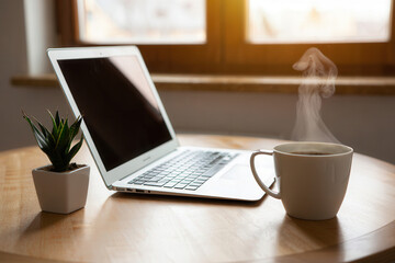 Fototapeta premium Laptop with a cup of coffee and a small plant on a round wooden table near a bright window light