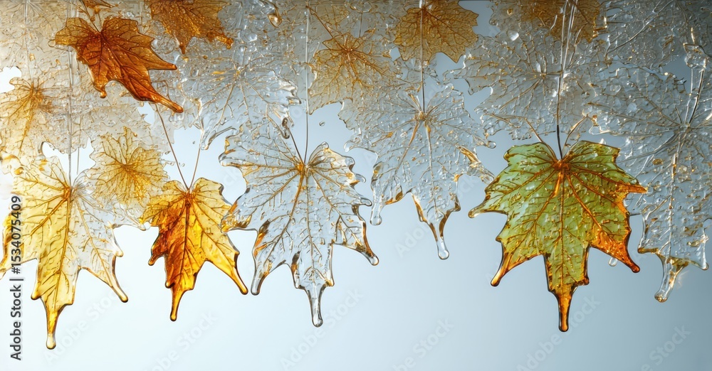 Aufkleber frozen leaves hang, dripping. ice encases foliage, creating delicate patterns. winter scene evokes c
