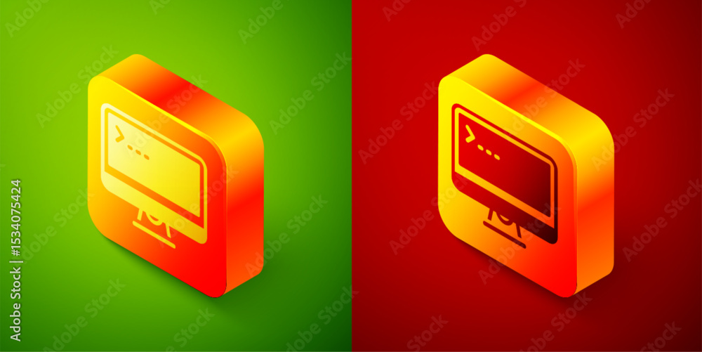 Poster isometric computer monitor screen icon isolated on green and red background. electronic device. fron