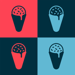 Pop art Ice cream in waffle cone icon isolated on color background. Sweet symbol. Vector