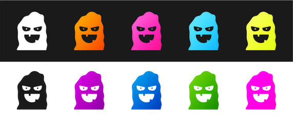 Obraz premium Set Funny and scary ghost mask for Halloween icon isolated on black and white background. Happy Halloween party. Vector