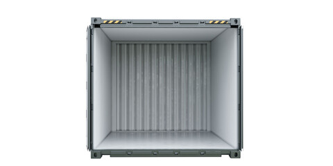 Empty shipping container with open doors isolated on a transparent background. Front view. 3D illustration.