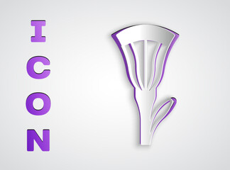 Paper cut Egyptian lotus icon isolated on grey background. Paper art style. Vector