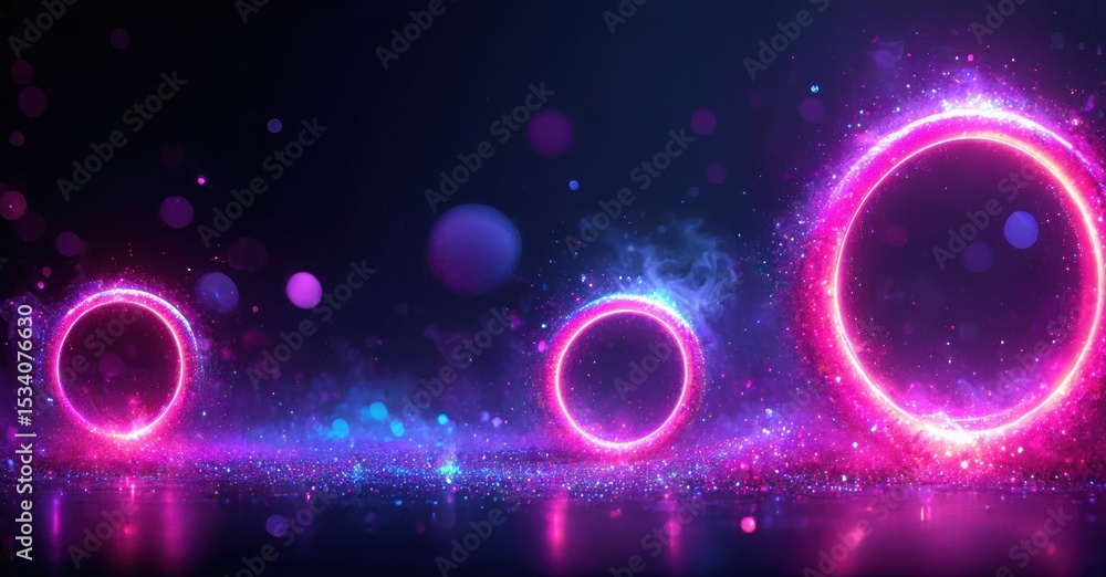 Poster neon circles glow against dark background. sparkling particles create futuristic, vibrant scene. ref