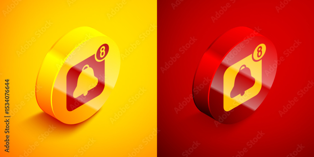 Poster isometric alarm clock app smartphone interface icon isolated on orange and red background. circle bu