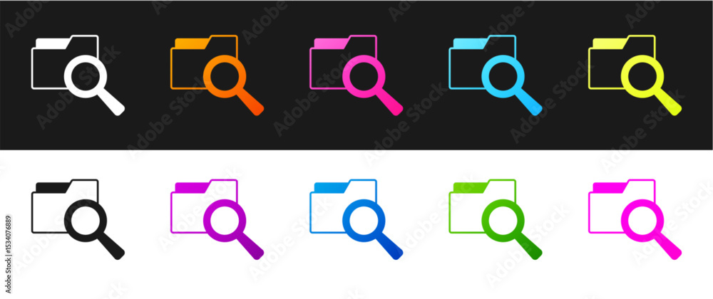 Poster set search concept with folder icon isolated on black and white background. magnifying glass and doc
