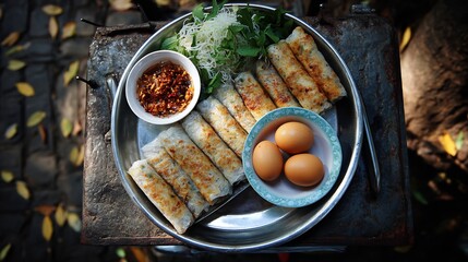 Vietnamese rice paper grilled rolls banh trang kep dried beef and quail egg on street cart near park trees top down view