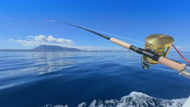 sport fishing boat on ocean sea Rod and gold reel trolling