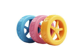Colorful cartoon-style wheel icons in plastic design perfect for playful themes, suitable for digital interfaces, applications, and creative projects