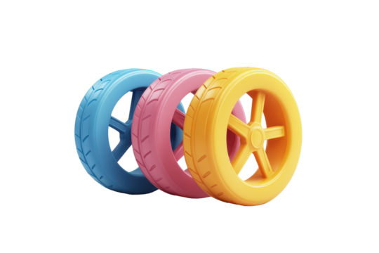 Colorful cartoon-style wheel icons in plastic design perfect for playful themes, suitable for digital interfaces, applications, and creative projects