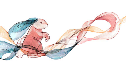 Abstract illustration of a rabbit gracefully moving through colorful flowing lines in a serene backdrop