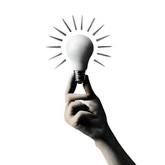 A hand delicately holds a glowing light bulb, symbolizing a flash of genius and innovative thoughts in the realm of invention and creativity. The graphic symbolizes ideas. 