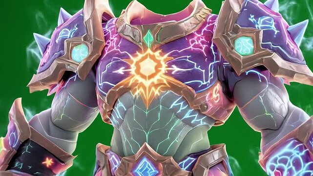 Magical Animated 3D Purple and Gold Armor with Glowing Light Patterns Isolated on Green Screen Ideal for Visual Effects Gaming Rpg and Fantasy Themed Events