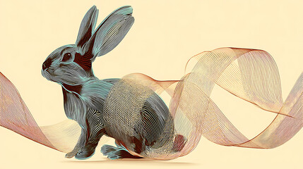 A stylized rabbit in motion, surrounded by flowing ribbons, set against a soft pastel background