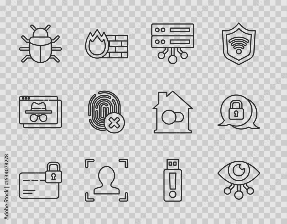 Poster set line credit card with lock, eye scan, server, data, web hosting, face recognition, system bug, c