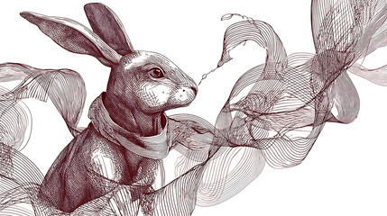A detailed illustration of a rabbit wearing a scarf, surrounded by flowing abstract lines, symbolizing movement and elegance