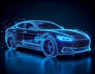 A futuristic car design rendered as a blue wireframe with glowing lights on a dark background