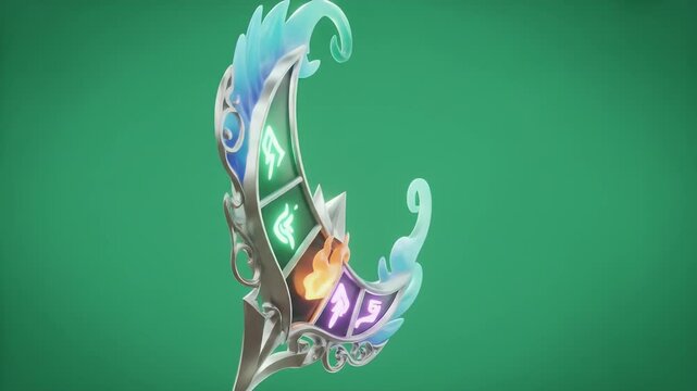 Magical Crescent Object Rotating Isolated on Green Screen Background Featuring Mystical Runes and Ornamental Silver Detailing Perfect for Game Assets and Visual Effects