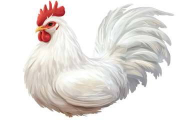 White chicken standing proudly on transparent background showcasing its fluffy feathers and bright red comb