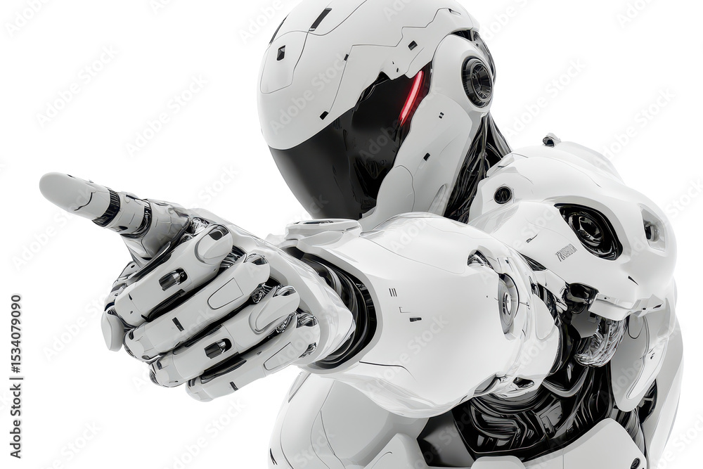 Poster white cyborg robotic hand pointing its finger in a futuristic setting, showcasing advanced technolog