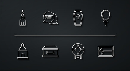 Set line Church building, Old crypt, Christian cross on chain, Memorial wreath, Coffin with, Speech bubble rip death, Beat dead monitor and icon. Vector